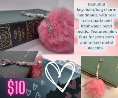 Crystal Keychain Purse Charm Rose Quartz Freshwater Pearl Pom-pom Handmade  - Image 1 of 4