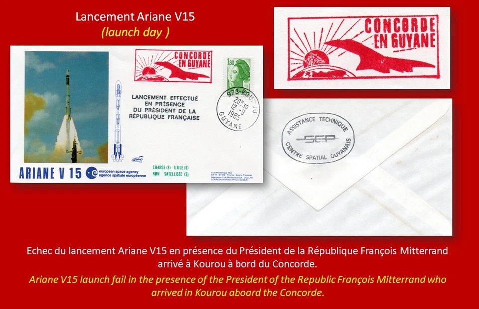 ARIANE V15 launch ESA Cnes KOUROU Silk Space cover Red mark CONCORDE Rare !!! - Photo 1/1