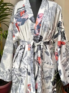 Indischer grauer Eulen-Druck Baumwolle Morgenmantel langer Kimono Nachtwäsche Nachtanzug Kimono USA - Bild 1 von 2