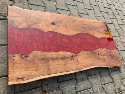 Red River Epoxy Resin Dining Live Edge Table Top, Home Decor Furniture - Image 1 of 3