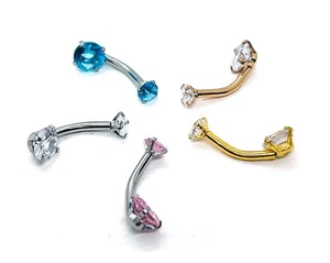 Coloured Belly Bar 316L Surgical Steel Navel Double Crystal Cubic Zirconia - Picture 1 of 33