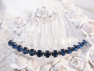 8 mm Med Sapphire Color Austrian Crystals silver plated Large French hair comb - Image 1 of 4