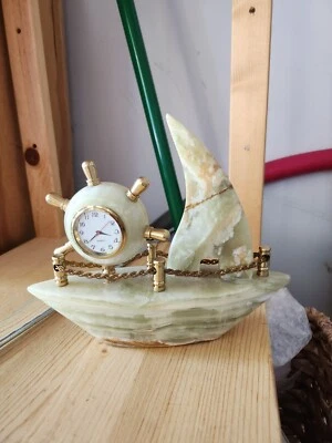 Marble Crafted Onyx Clock Ship Display Nautical Paperweight - Image 1 of 4
