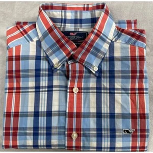 Camisa Vineyard Vines Para Hombre Mediana Roja Azul Cuadros Ballena Calce Ajustado Algodón - Imagen 1 de 9