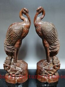 2 Pcs Chinese Boxwood Carved red-crowned Crane Figure Statues Ornament Heig 15CM