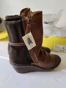 Vintage Fly London Mimi braun Leder Keilabsatz lässig Stiefel Größe 10  - Bild 1 von 18