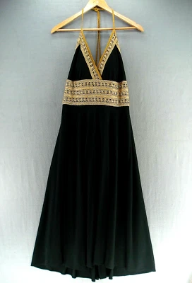 Vestido Phoebe Couture para mujer 8 negro crepé dorado bordado cuello en V halter midi Foto 1 de 4