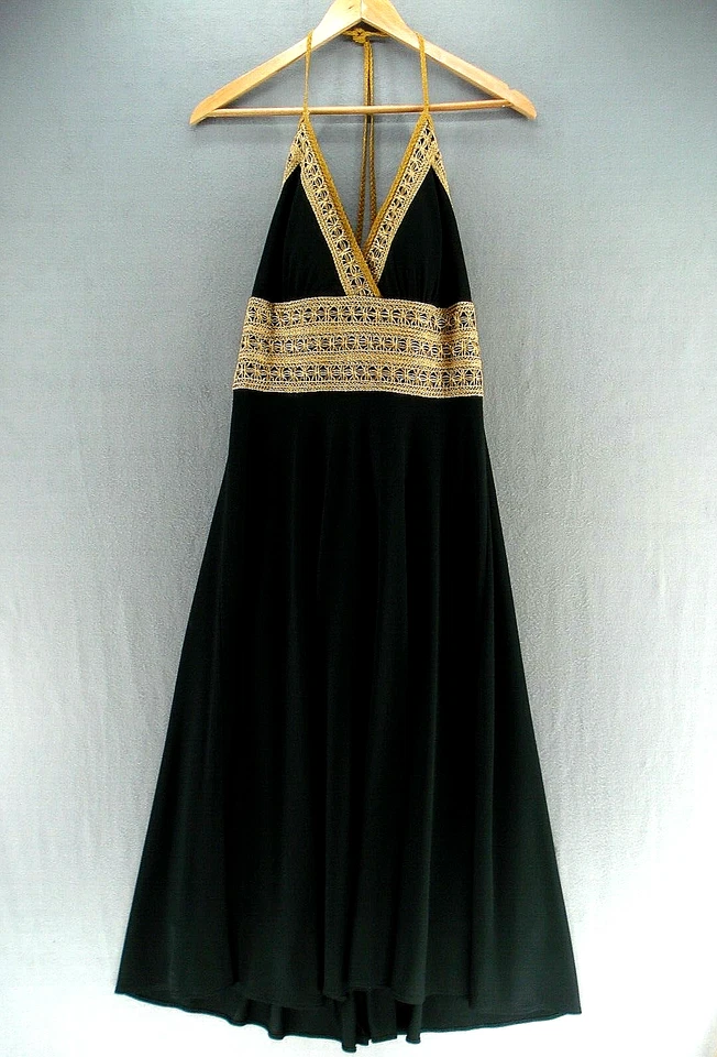 Vestido Phoebe Couture para mujer 8 negro crepé dorado bordado cuello en V halter midi Foto 1 de 4