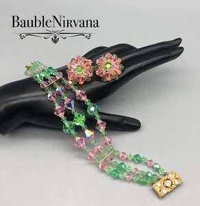 Juego de pulsera y pendientes vintage brillantes de cuentas graduadas facetadas rosa y verde AB - Imagen 1 de 5