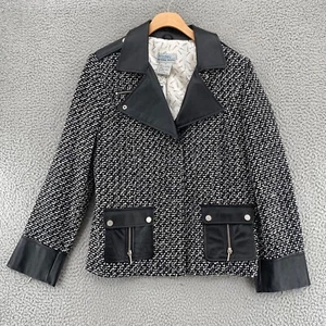Bradley Bayou Jacket Womens Medium Black Leather Trim Wool Tweed Blazer Coat NWT - Picture 1 of 11