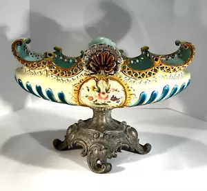 Bowl JARDINIERE Pottery Antique Zsolnay PORCELAIN Metal Stand LARGE - Picture 1 of 12