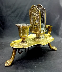 Stupendo candelabro portatile ottone antico pesante porta fiammiferi piedi artiglio leone - Foto 1 di 13