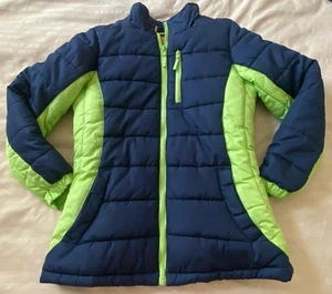 MINT Girl Navy Blue/Light Green Winter Fleece Lined Puffer Coat - Girls M 8/10 - Picture 1 of 11