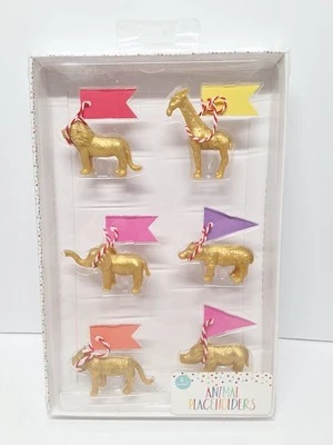 6 Gold Color Animal Party Placeholders Lion Giraffe Elephant with Name Tags - Image 1 of 2
