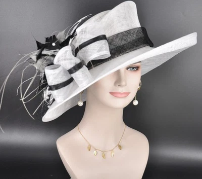 Sombrero Derby de Kentucky ancho blanco con negro, sombrero Royal Ascot, sombrero de fiesta de boda de té Foto 1 de 4
