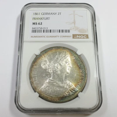 1861 NGC MS62 - Germany Frankfurt Toned Silver Two Taler 2T Coin #58016A - Image 1 of 4