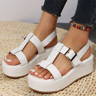 Ladies Fashion Summer Solid Color Leather Open Toe Open Toe Buckle Thick Sole