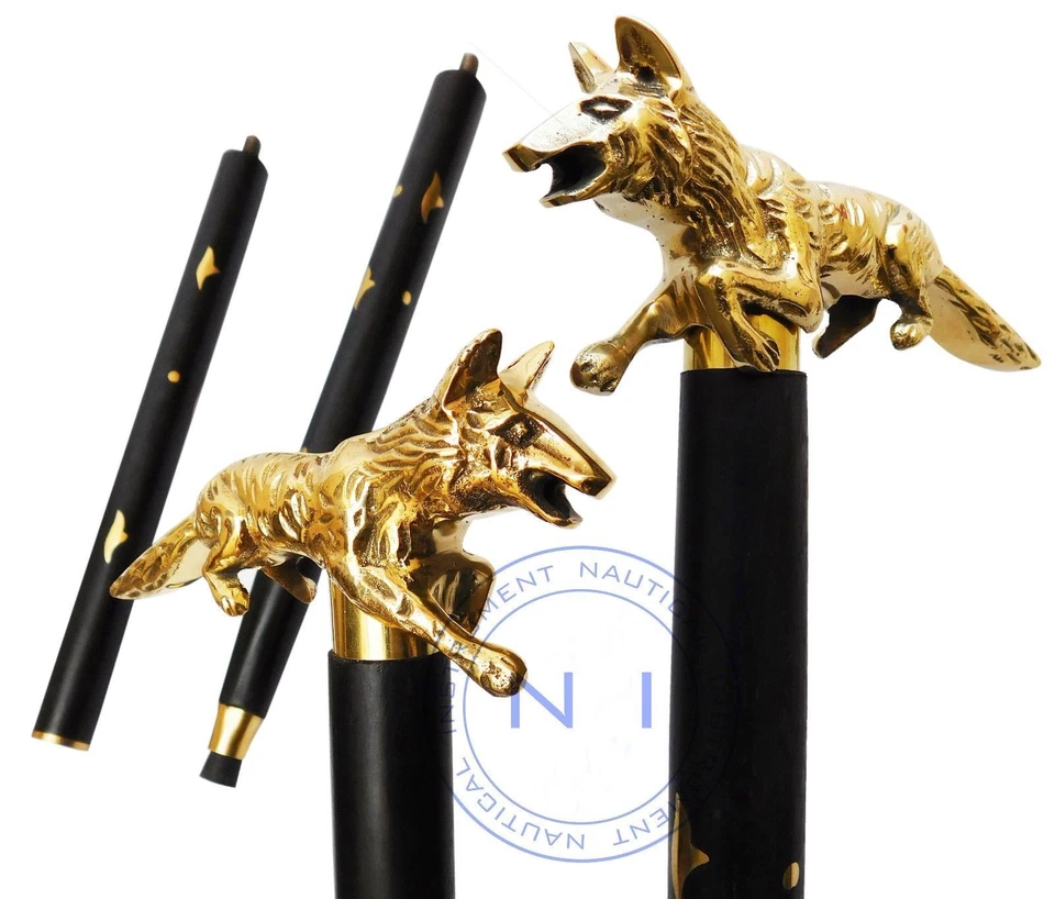 Solid Brass Walking Stick fox head handle vintage black wooden handmade Cane  - Image 1 of 4