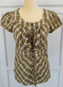 Anthropologie EDME & ESYLLTE Highlands Top Button-Up Gold Plaid Ruffle Size 8 - Picture 1 of 7