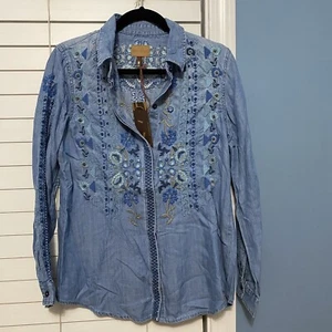 Driftwood Women S Shirt Embroidered Button Denim Chambray Lana Western Aztec - Picture 1 of 12