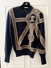 Chanel 2021 Pre Fall 21A Runway Cashmere Navy Blue Gold Jumper Sweater 34 36 38