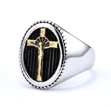 Stainless Steel Men's Catholic Jesus Cross Ring 7 -14 Size Silver Gold