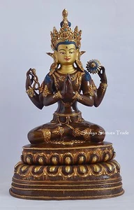 14" Chenrezig Avalokiteshvara Oxidized Gold Gilded Fine Quality Copper Statue - Imagen 1 de 4