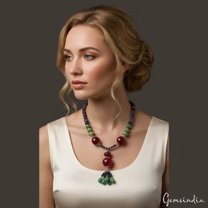 Natürlicher mehrfarbiger Saphir Smaragd Rubin Perlen Handarbeit 19 Zoll lange Halskette Schmuck - Bild 1 von 9