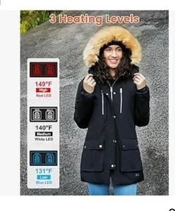 Heated Jacket Women Winter Soft Heating Coat with Detachable Hood Black L Nwt - Picture 1 of 10