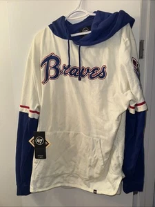 NWT Atlanta Braves '47 Mens XL Cooperstown White Shortstop Hoodie Pullover - Picture 1 of 7