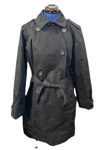 LL Bean Navy Blue Trench Coat Large L Belted Classic Double Breasted Jacket - Picture 1 of 9