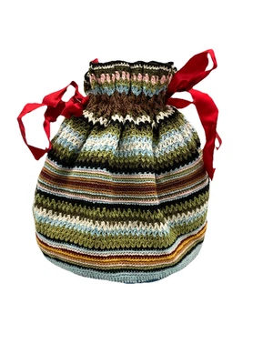 Vintage 1900 - 1930s  Hand Knit Colorful Silk Floss Pouch Bag W Silk Ribbon - Image 1 of 4