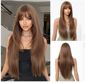 Parrucche sintetiche Wavy Bob con frange per donna marrone scuro 16 pollici parrucca festa quotidiana - Foto 1 di 13