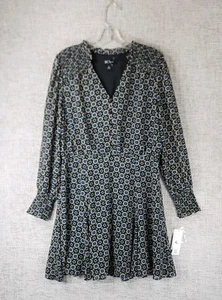 BCX Long Sleeve V-Neck Fit Flare Dress Womens XL Black Geo Print Ruffle NWT - Picture 1 of 12