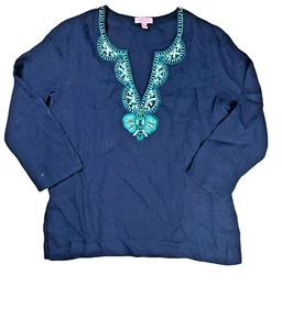 Lilly Pulitzer Amelia Island Tunic Navy Beaded 100% Linen Size Medium Beachy - Picture 1 of 9