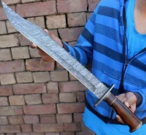 Handmade Damascus Steel Blade Hunting Long Bowie Knife with Walnut Wood Handle - Picture 1 of 3