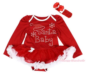 XMAS Rhinesotone Santa Baby L/S Bodysuit Red White Pettiskirt Dress NB-18Month - Picture 1 of 3