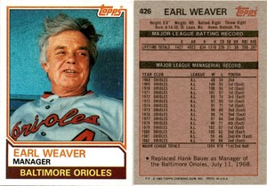 EARL WEAVER 1983 Topps Baseball Card #426 BALTIMORE ORIOLES