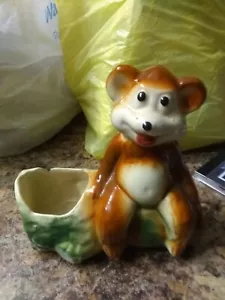 A Cute Vintage Ceramic Brown Bear Sitting On A Log Planter - Picture 1 of 5