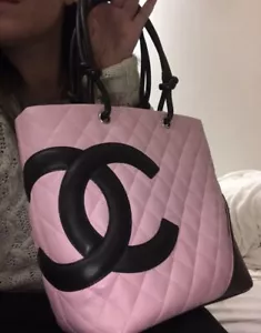 CHANEL CC CAMBON LINE PINK BLACK LEARHER HANDBAG 24cm Tote Shoulder Bag - Picture 1 of 12