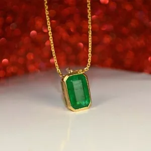 3.15ctw Emerald Cut Natural Emerald Pendant Solid 18k Yellow Gold With Chain - Picture 1 of 10