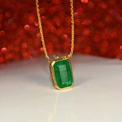 3.15ctw Emerald Cut Natural Emerald Pendant Solid 18k Yellow Gold With Chain - Image 1 of 4
