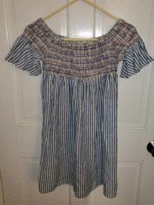 CAT & JACK blue White Striped Linen Seersucker Pullover peasant dress L 10 12 - Picture 1 of 6