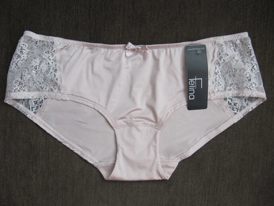 NWT FELINA 730002 "Simone" Low Rise, Nylon With Lace Hipster Boyshorts, Beige, L - Image 1 of 4