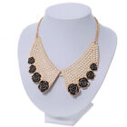 Black Enamel Rose Peter Pan Simulated Pearl Collar Necklace In Gold Plating -