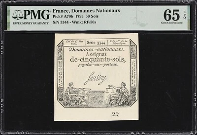 FRANCE DOMAINES NATIONAUX  1793  50 SOLS, PMG 65-EPQ GEM UNCIRCULATED, PICK#A70b - Image 1 of 2