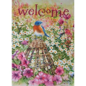 "WELCOME"  BLUEBIRD ON BASKET PINK & WHITE FLOWERS - SMALL GARDEN FLAG   - Picture 1 of 1