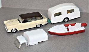 1950'S SOLIDO STATION WAGON, PICKUP W/CANOPY, TRAILER, CAMPER, BOAT 1:43 SCALE