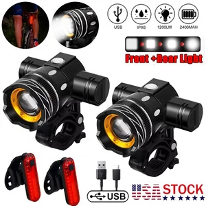 2X USB Rechargeable LED Mountain Bike Lights Bicycle Torch Front &Rear Lamp Set - Picture 1 of 13