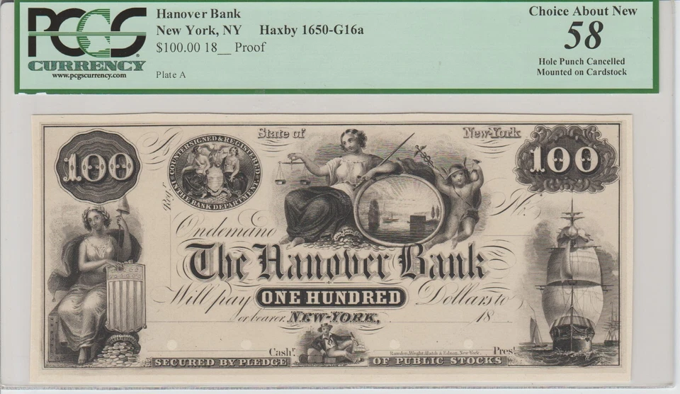 HANOVER BANK $100 PROOF RARE HAXBY SENC/ EX SHINGOETHE /STACKS 2015 SALE $4,112 - Image 1 of 1